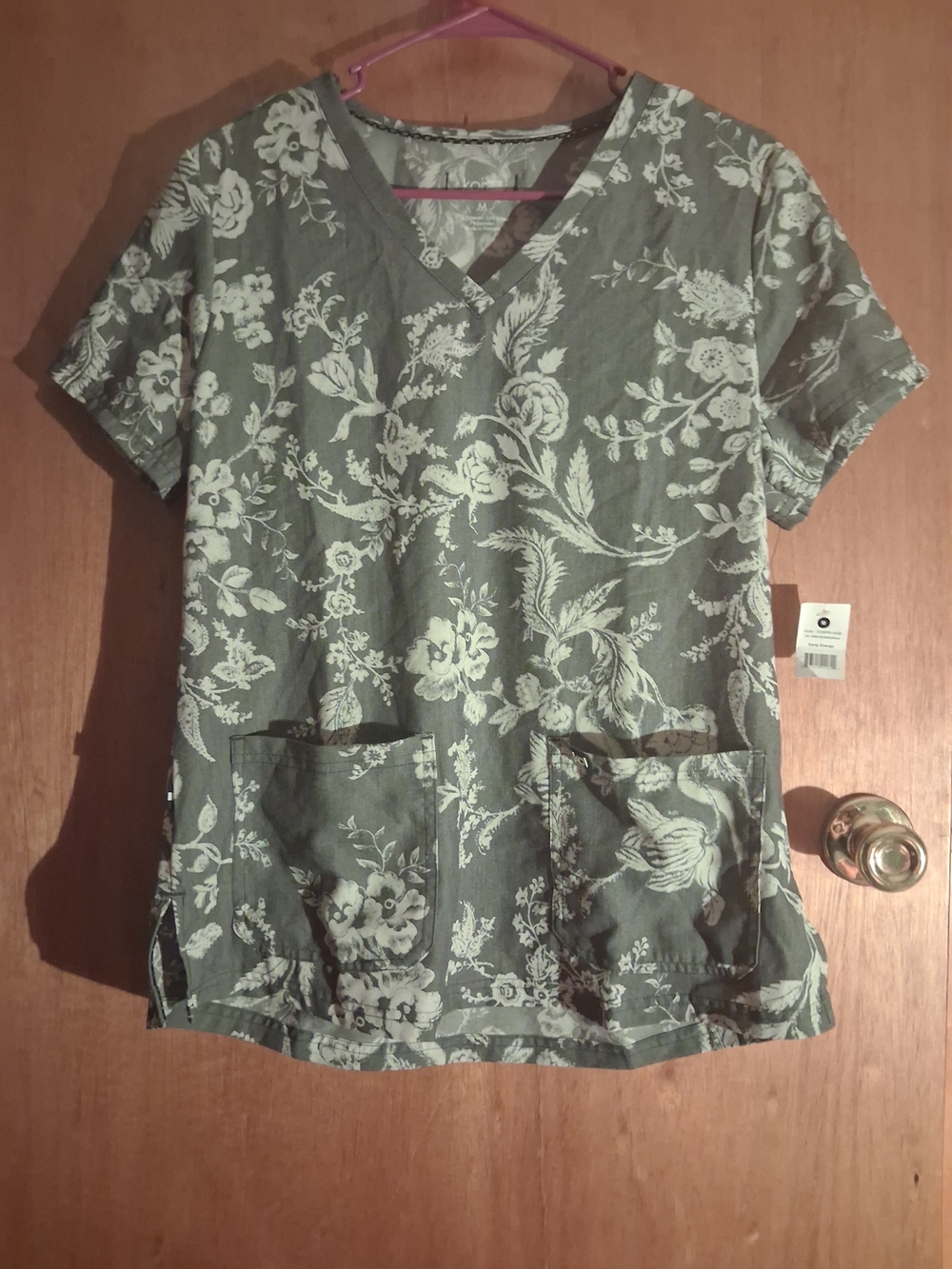 koi Grey With Cream Floral V-Neck Scrub Top